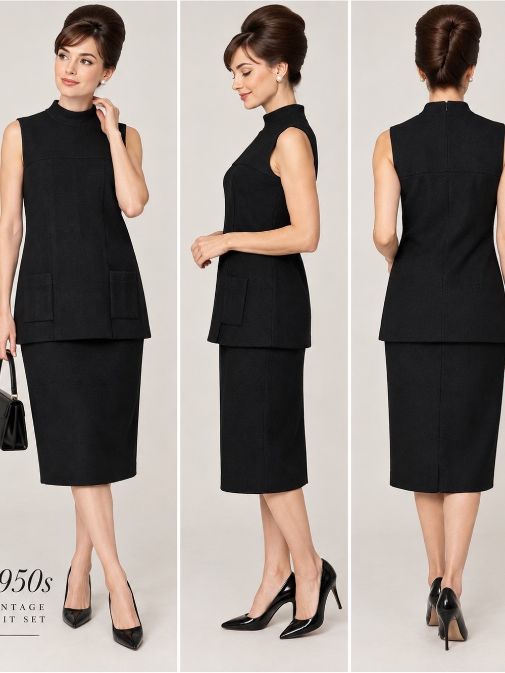 Vintage 1950s Knit 2 PC Set Black Wool Tunic Sweater Top Straight Skirt Small